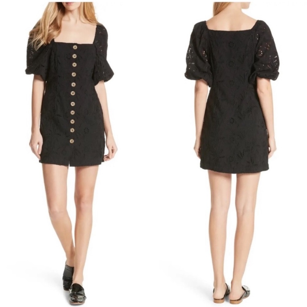 Free People Daniella Lace Mini dress In Black with Button Details